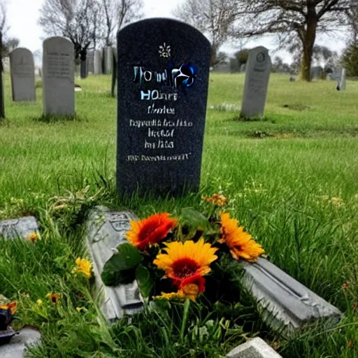 Prompt: tod howards grave with it just works written on it