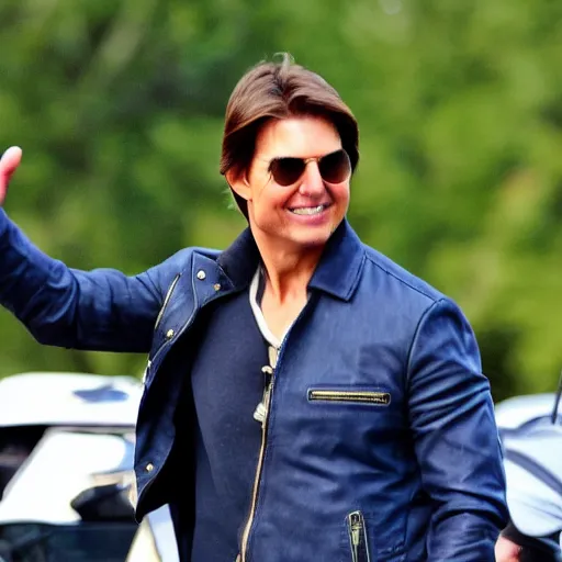 Image similar to Tom Cruise waving to fans. He's wearing bluejeans and a green jacket, Ralph Lauren. A helicopter is in the background. Shallow depth of field