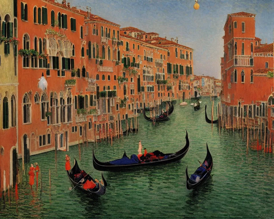 Prompt: the grand canal in venice featuring the floating lanterns from tangled and hanging flower baskets, at night by hopper, dali, and monet. enchanting, detailed, romantic.