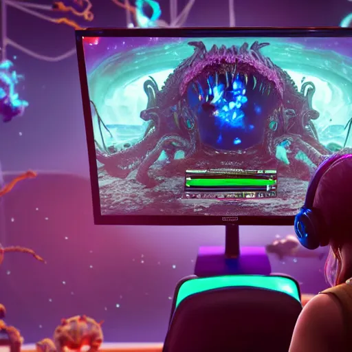 Image similar to view from behind of an eldritch lovecraftian cosmic horror wearing headset watching monitor displaying fortnite, intricate detail, cinematic composition