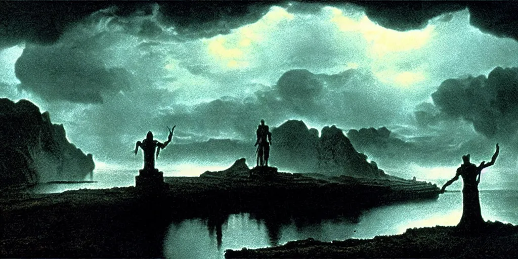 Image similar to eerie, greek fantasy landscape, styx the river of the dead, a giant smiling translucent shining ghost figure in the stormy clouds, stanley kubrick movie frame