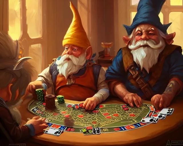 Image similar to gnomes playing poker, deep focus, d & d, fantasy, intricate, elegant, highly detailed, digital painting, artstation, concept art, matte, sharp focus, illustration, hearthstone, art by artgerm and greg rutkowski and alphonse mucha