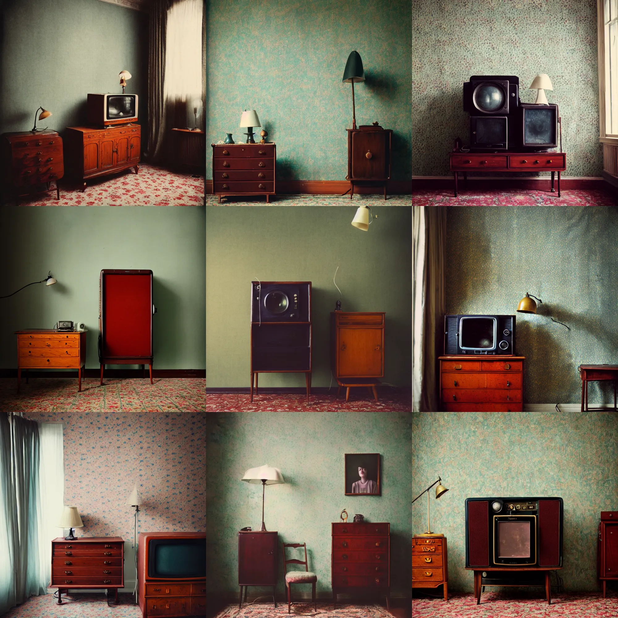 Prompt: kodak portra 4 0 0, wetplate, portrait photo by britt marling, 1 9 2 0 s room, 1 9 2 0 s furniture, wallpaper, carpet, shining lamp, a giant vintage television, muted colours, blueberry, wood, fog,