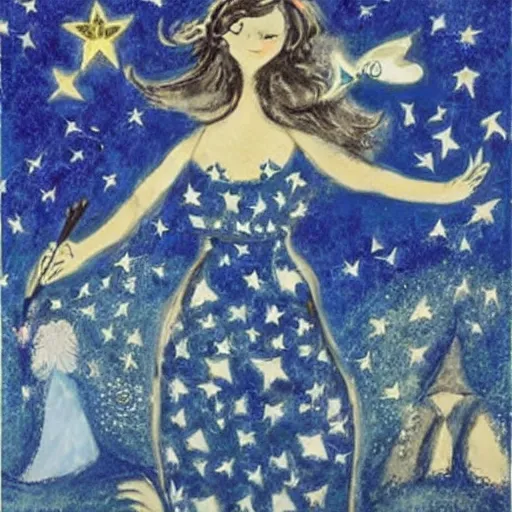 Image similar to The land art features a woman with wings made of stars, surrounded by a blue and white night sky. The woman is holding a staff in one hand, and a star in the other. She is wearing a billowing white dress, and her hair is blowing in the wind. cubic zirconia, Pokémon by Marc Chagall, by Wilfredo Lam monumental, threatening