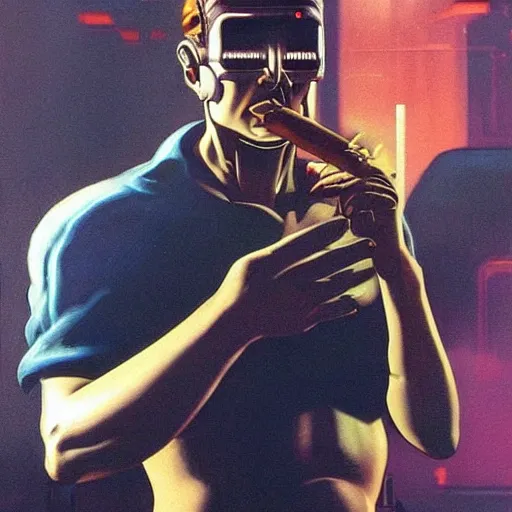 Image similar to An android smoking a cigar in a cyberpunk setting by Frank Frazetta, Trending on Artstation, 1980s computer graphics,