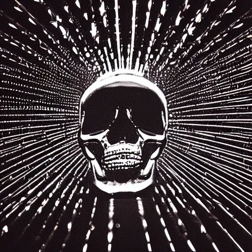 Image similar to a low poly disco skull full of long spikes, reflecting light in a nightclub, grainy film photograph