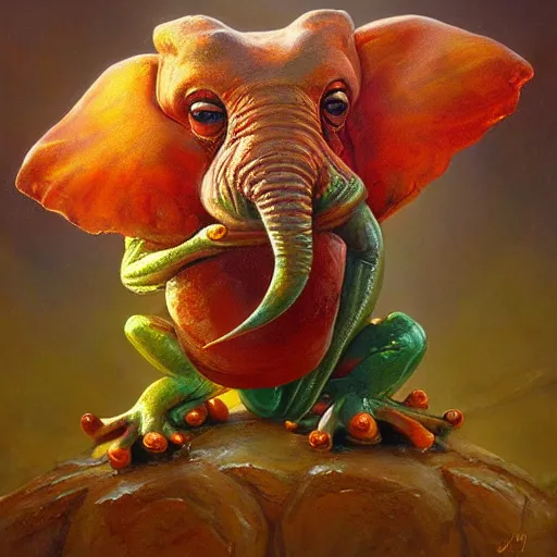 Prompt: frog - elephant creature, vibrant, colorful oil painting by justin gerard