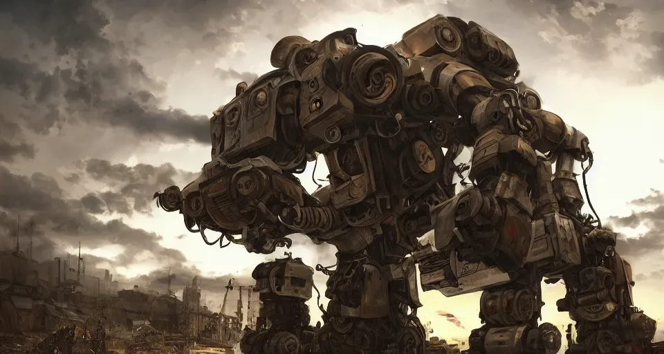 Image similar to large diesel punk mecha robot, world war 2, low angle photography, beautiful, soft lighting, artstation,