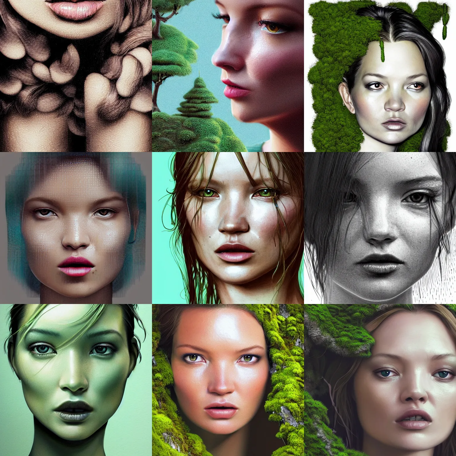 Prompt: portrait isometric drawing, printerest, close-up moss growing tropical kate moss like a mossy garden, face of kate moss, intricate, epic lighting, cinematic composition, hyper realistic, 8k resolution, unreal engine 5, by Artgerm, tooth wu, dan mumford, beeple, wlop, rossdraws, James Jean, Andrei Riabovitchev, Marc Simonetti, yoshitaka Amano, Artstation