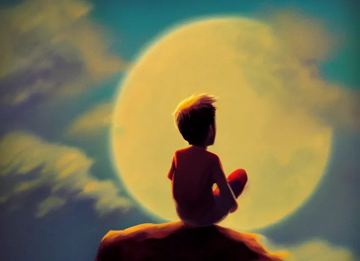 Prompt: Child sitting on the edge of the crescent moon above the clouds, by Dreamworks