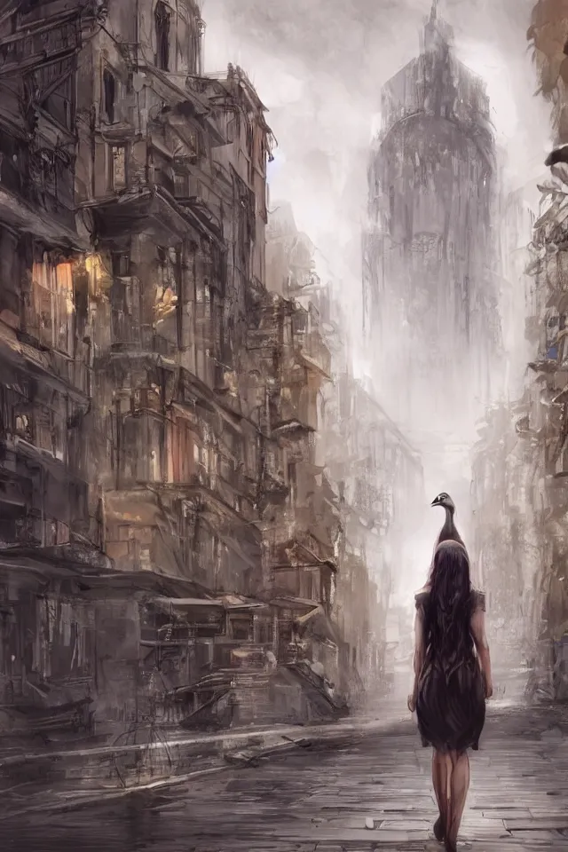 Image similar to concept art, a pretty girl with the head of a duck, cities, godrays, wide views, on the street