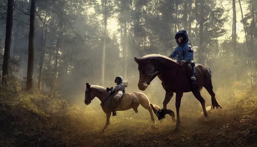 Image similar to american astronaut in the forest riding a horse, plants environment, wide angle, cinematic lighting, atmospheric, realistic, octane render, highly detailed, color graded, in the style of craig mullins