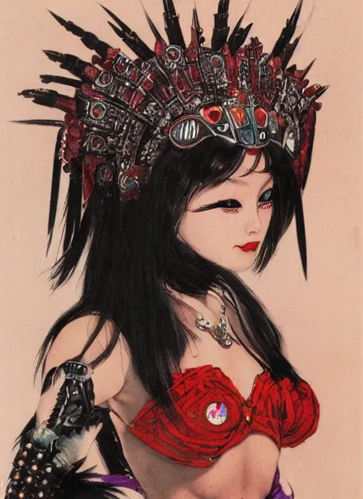 Image similar to female korean vampiress, jeweled headdress, heavy mascara, strong line, saturated color, beautiful! coherent! by frank frazetta, high contrast, minimalism