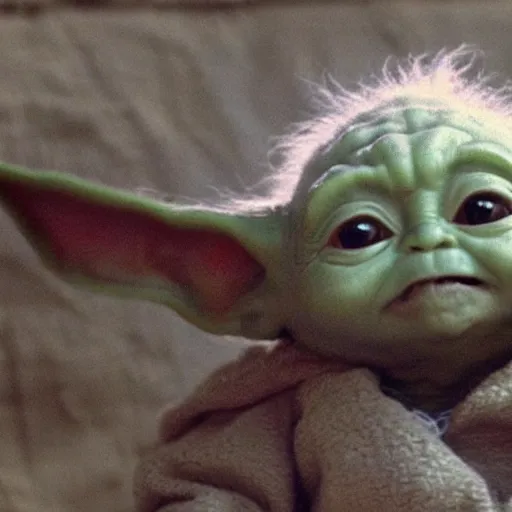 Image similar to a film still of baby yoda's son crying because of his dad's brutal death in star wars realistic, detailed