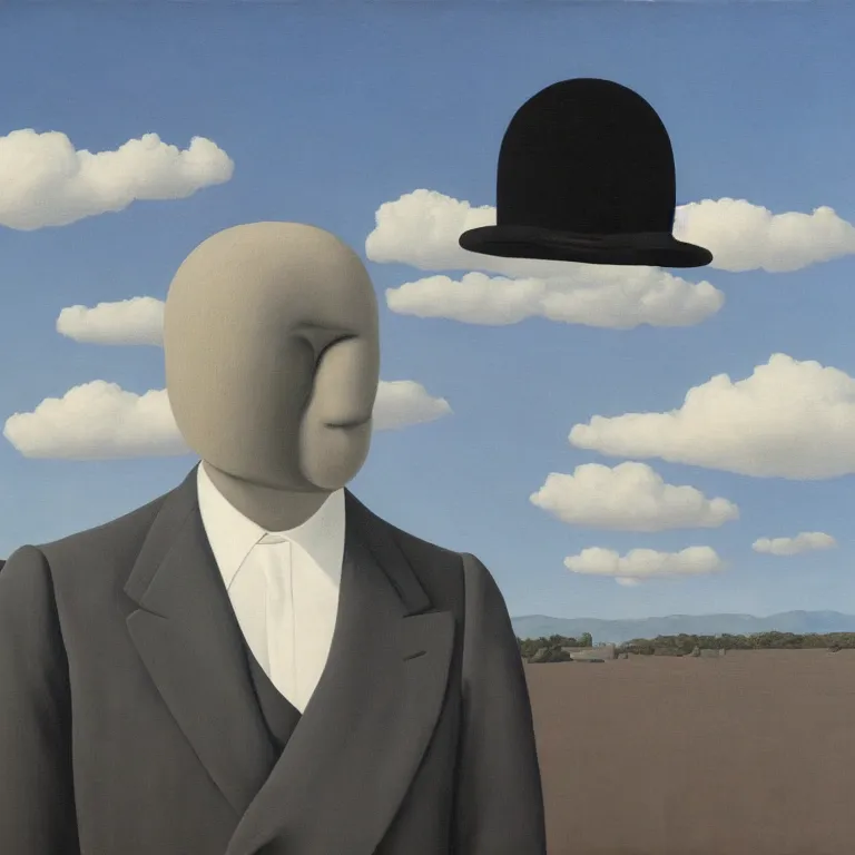 Image similar to portrait of a faceless shadow - head man in a suit, clouds in the background, by rene magritte, detailed painting, distance, centered, hd, hq, high resolution, high detail, 4 k, 8 k