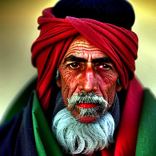 Image similar to portrait of president woodrow wilson as afghan man, green eyes and red scarf looking intently, photograph by steve mccurry