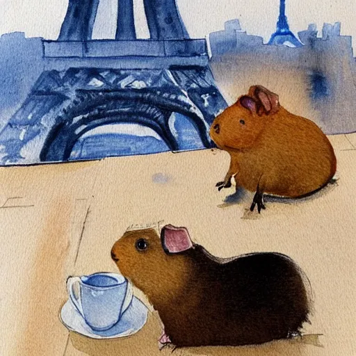 Image similar to a guinea pig sitting in a cafe in paris, it's evening, the eiffel tower is visible in the background, watercolour realism