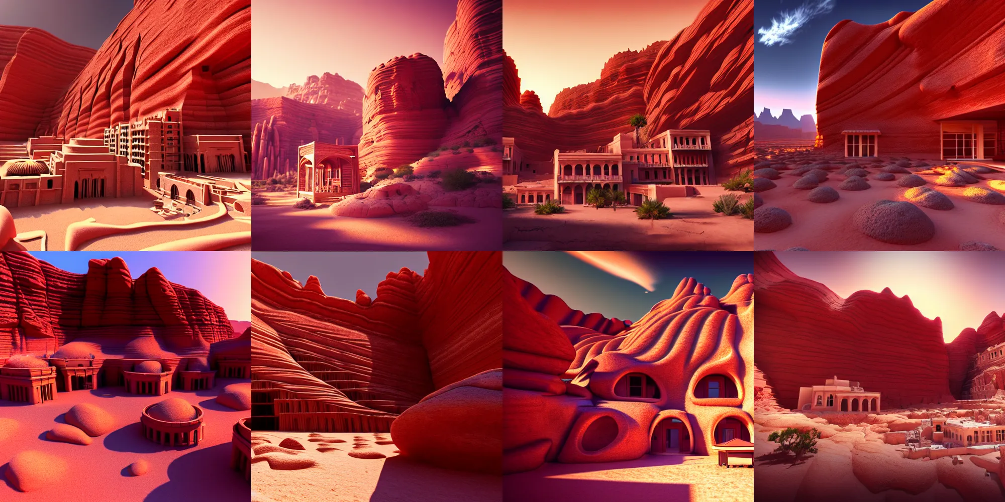 Prompt: desert city built into side of mountain, red rock, white architecture, sandy, particles, warm lighting, extreme wide shot, artstation trending, pixiv, detailed intricate design, hdr