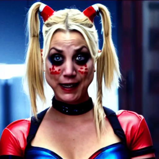 Image similar to A still of Kaley Cuoco as Harley Quinn