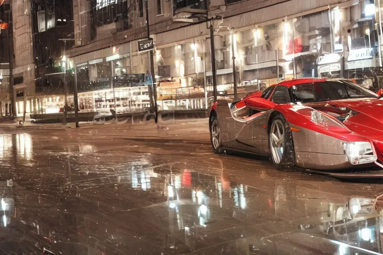 Prompt: a ferrari enzo parked on a rainy city street, reflected in a puddle, neon lights, night time, beautiful lighting