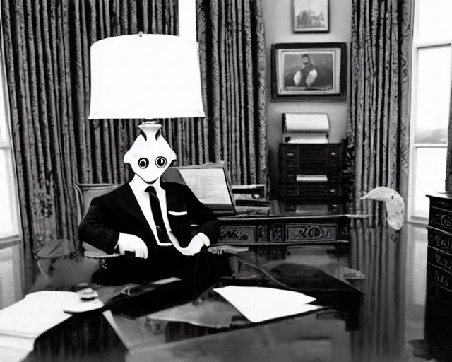 Image similar to a b-move alien lizard man wearing a suit, in the oval office, 1951, early black and white photo, cdx