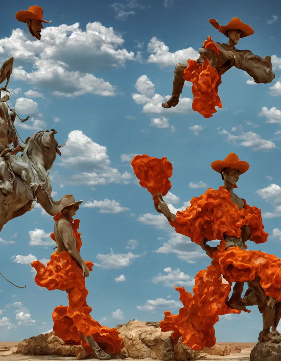 Prompt: a cowboy turning into blooms by slim aarons, by zhang kechun, by lynda benglis, by frank frazetta. tropical sea slugs, angular sharp tractor tires. bold complementary colors. warm soft volumetric light. 8 k, 3 d render in octane unreal engine. a manly cowboy riding by syd mead. sculpture by antonio canova. blue orange