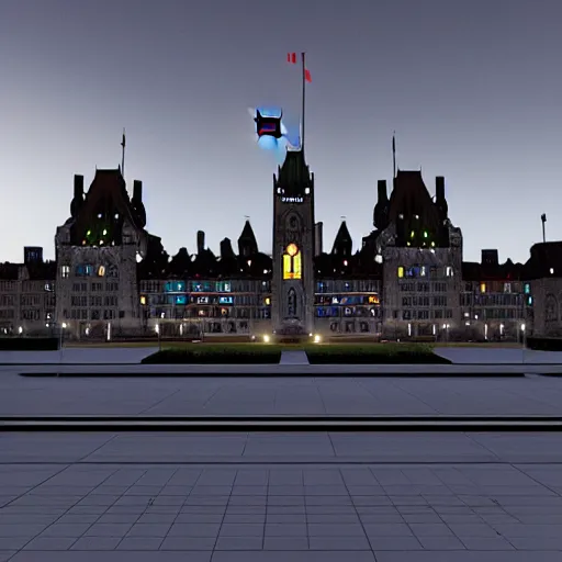 Image similar to Canadian Parliament building in Ottawa if it was cyberpunk, photorealistic