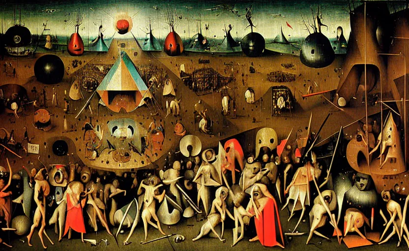 Image similar to geometric painting of an edm rave party by hieronymus bosch