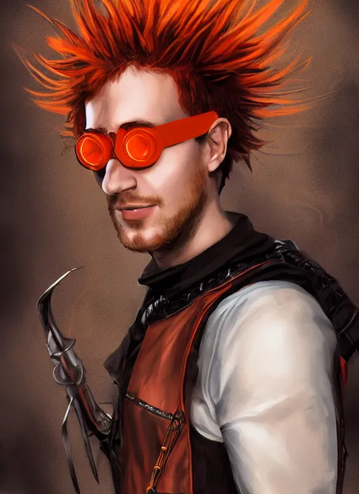 Image similar to An epic fantasy comic book style portrait painting of young man with red spiked long hair, using an steampunk orange googles. Wearing a black waistcoat, white shirt. Fire on his hands. Unreal 5, DAZ, hyperrealistic, octane render, cosplay, RPG portrait, dynamic lighting