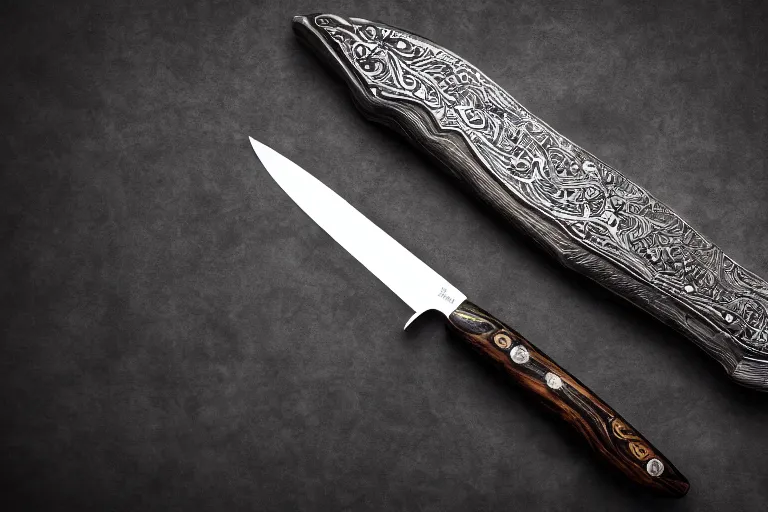 Prompt: an elaborate highly detailed engraved damascus steel knife with a glossy dark stained oak handle forged by ancient dwarfs on a stand in a studio lit black backdrop, product photography, instagram, lotr, unreal engine 5, octane render, 3 d, realisitc, award winning, artgem, rule of thirds