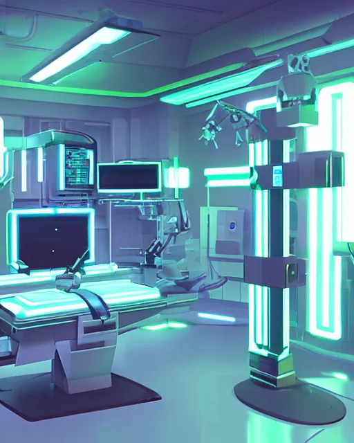Image similar to neon surgery machine cyberpunk futuristic, in a white room realistic shaded