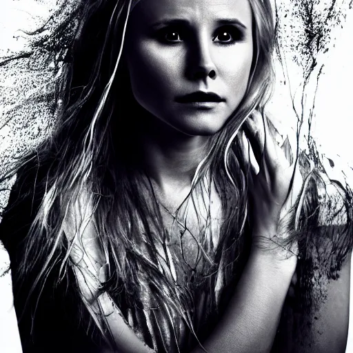 Prompt: Kristen Bell as a demon in heaven, grungy, unkept hair, glowing eyes, modelsociety, radiant skin, huge anime eyes, RTX on, bright on black, dramatic, studio lighting, perfect face, intricate, Sony a7R IV, symmetric balance, polarizing filter, Photolab, Lightroom, 4K, Dolby Vision, Photography Award