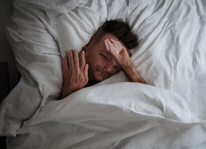 Prompt: a very huge bed, empty, white wrinkled sheets, in which a man in pajamas, floating!!! above the bed, is sleeping on his side, ultrawide shot, aerial view, general llustration, 8 k, sharp focus, studio light, trending on artstation