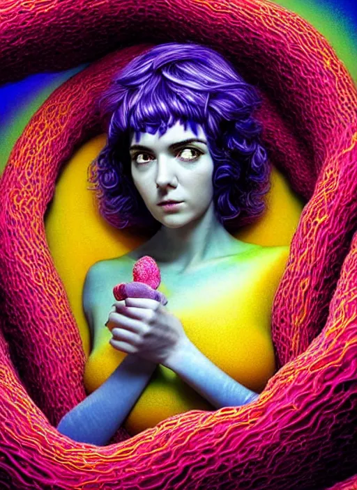 Prompt: hyper detailed 3d render like a Oil painting - Ramona Flowers with wavy black hair wearing thick mascara seen Eating of the Strangling network of colorful yellowcake and aerochrome and milky Fruit and Her delicate Hands hold of gossamer polyp blossoms bring iridescent fungal flowers whose spores black the foolish stars by Jacek Yerka, Mariusz Lewandowski, Houdini algorithmic generative render, Abstract brush strokes, Masterpiece, Edward Hopper and James Gilleard, Zdzislaw Beksinski, Mark Ryden, Wolfgang Lettl, Dan Hiller, hints of Yayoi Kasuma, octane render, 8k