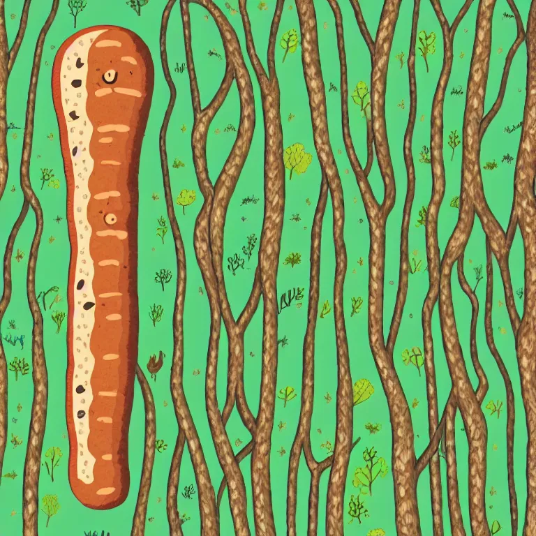 Prompt: illustration of a forest with a giant sausage, highly detailed, by Malika Fayre