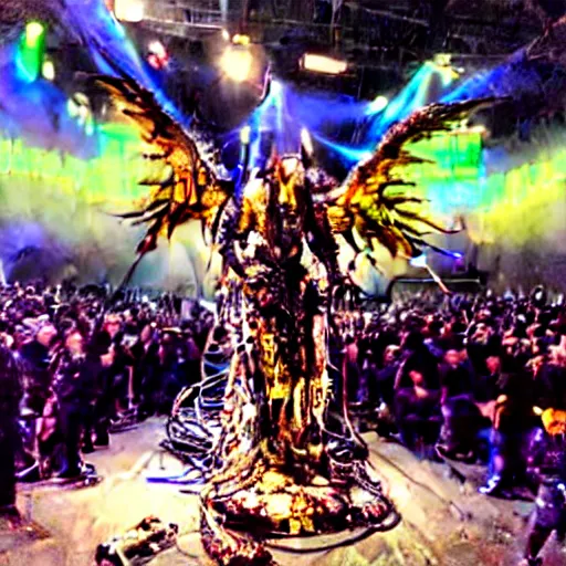 Image similar to 10,100 wemon worshipping the cybercore dragon angel pimp covered in wires damnation, holy ceremony, heavens gate, low quality photo, crowd, flikr