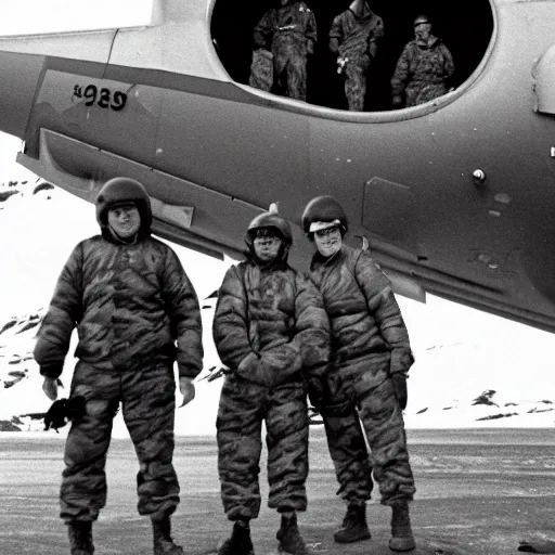 Image similar to closeup 3 5 mm film uhd 8 k photograph of middle aged caucasian men in camo unloading cargo from a black military 1 9 8 2 helicopter at a top secret military base in antarctica