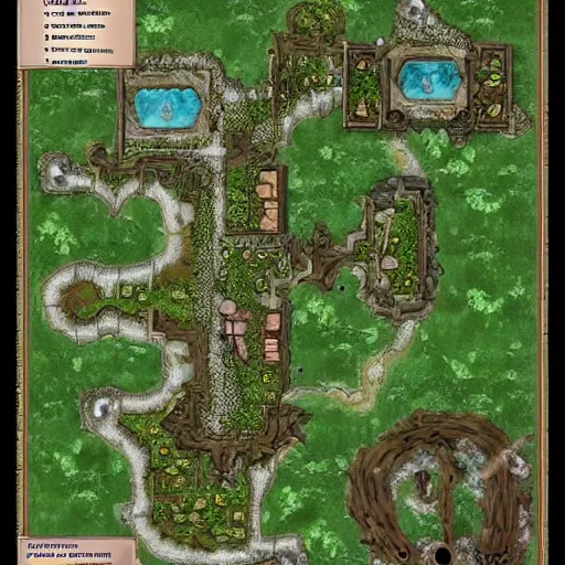 Image similar to dungeon map concept d & d forest, lake, village and build. hyper detailed