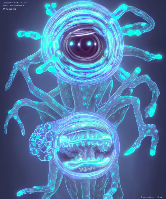 Image similar to a beholder made of bioluminescence slimy skin, fantasy, elegant, crisp 8 k line art, digital painting, artstation, unreal engine, octane render, emissive lighting, concept art, matte, sharp focus, hyper realistic lighting, illustration, art by shintaro kago