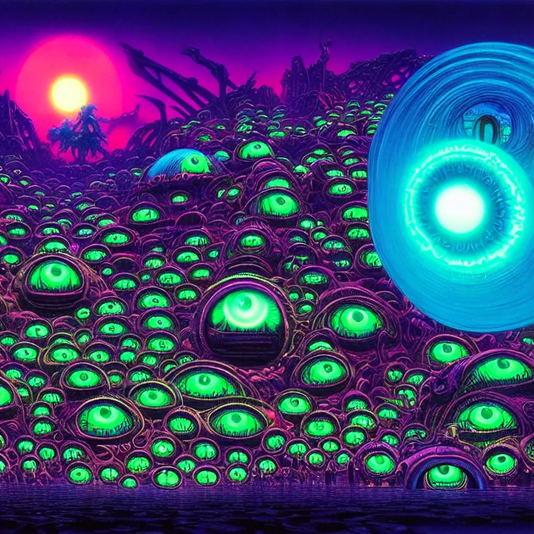 Image similar to mythical glowing eyeballs in infinite serpent city, ( ( ( synthwave ) ) ), ( ( fractal waves ) ), bright neon colors, highly detailed, cinematic, tim white, michael whelan, caza, bob eggleton, philippe druillet, vladimir kush, kubrick, alfred kelsner