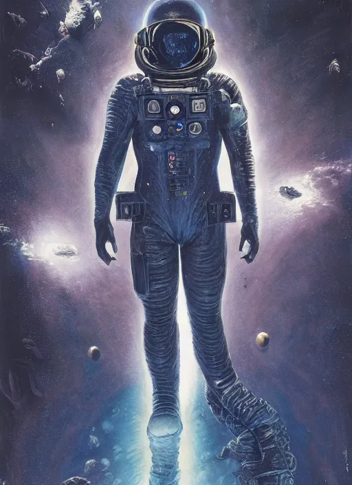 Image similar to astronaut in dark void underwater - complex and hyperdetailed technical suit design. reflection and dispersion materials. rays and dispersion of light. volumetric light. f / 3 2. noise film photo. flash photography. ultra realistic, 5 0 mm. poster by wayne barlowe, hajime sorayama aaron horkey, craig mullins