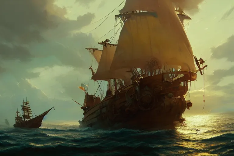 Prompt: a pirate ship, low angle, cine atic, golden hour, greg rutkowski, artstation hd, mist
