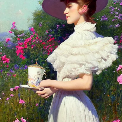 Image similar to closed eyesthick paint brush strokes full body fashion model emma watson by Jeremy Lipking by Hasui Kawase by Richard Schmid (((smokey eyes makeup eye shadow fantasy, glow, shimmer as victorian woman in a long white frilly lace dress and a large white hat having tea in a sunroom filled with flowers, roses and lush fern flowers ,intricate, night, highly detailed, dramatic lighting))) , high quality