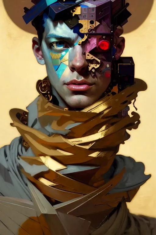 Image similar to portrait, patchwork boy, cyberpunk, elegant baroque, expressive, asymmetrical art, hyperrealism, colorful, vivid, imposing, epic, abstract texture, gold leaf texture, artstation, concept art, by peter mohrbacher and wlop and rhads and artgerm and magali villeneuve and alphonse mucha