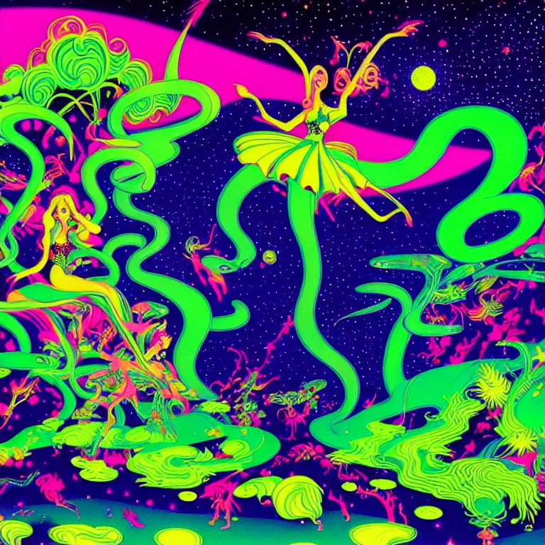 Prompt: cosmic girl, infinite hallucination, bright neon colors, highly detailed, cinematic, eyvind earle, hiroo isono, tim white, philippe druillet, roger dean, lisa frank, aubrey beardsley