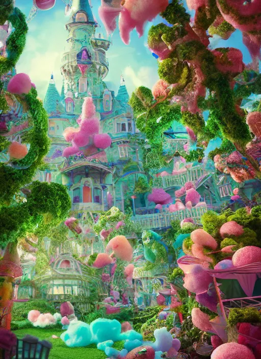 Image similar to Magical enchanted mansion on a candy biome full of oddities made by genshin impact, cotton candy trees, cinematic shot, intricate, ornate, photorealistic, ultra detailed, realistic, 100mm, photography, octane, high definition, depth of field, bokeh, 8k, artstation