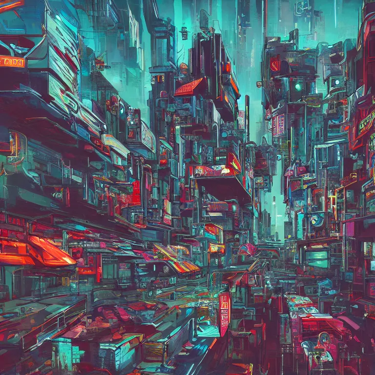 Prompt: Street-art painting or cyberpunk city in style of soviet retro futurism