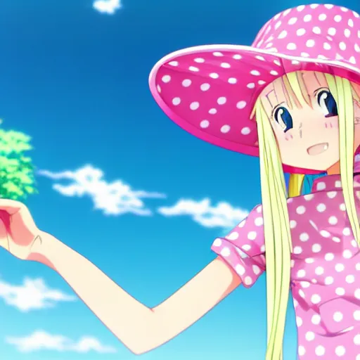 Image similar to anime girl with long blonde hair with pink tips, wearing pink dress, pink flip flops, and a pink bucket hat with white polka dots, disneyland background, anime key visual, kyoto animation