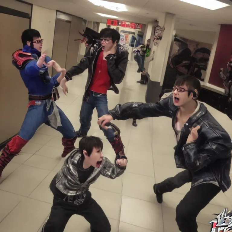 Image similar to Two nerdy geeks first fighting in a Tekken styled psx high school hallway. Bonus rage mode enabled.