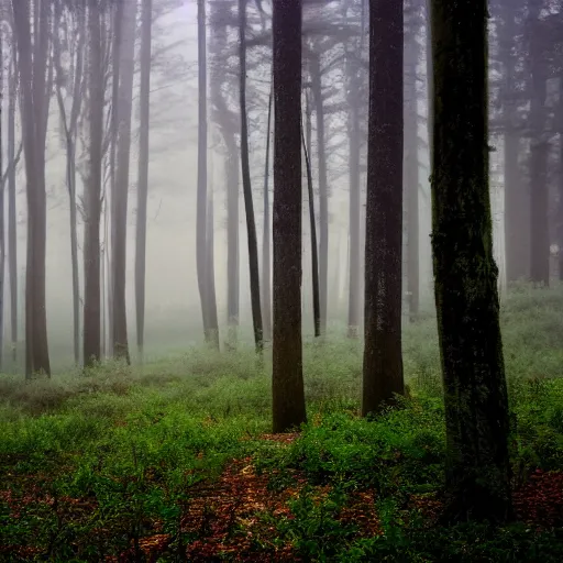 Prompt: a foggy forest clearing at night softly lit by multicolored lights, 8k, photo, rule of thirds,